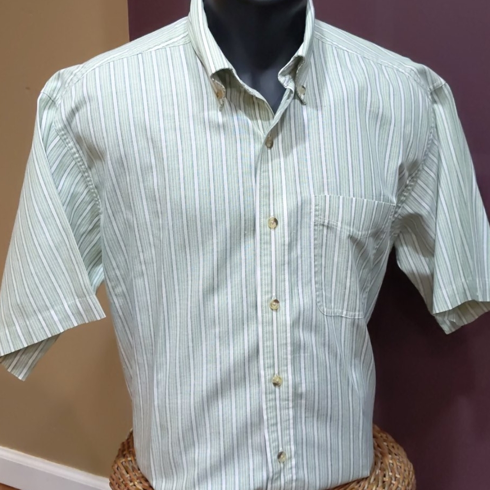 LL Bean Green&White stripe shortsleeve dress shirt